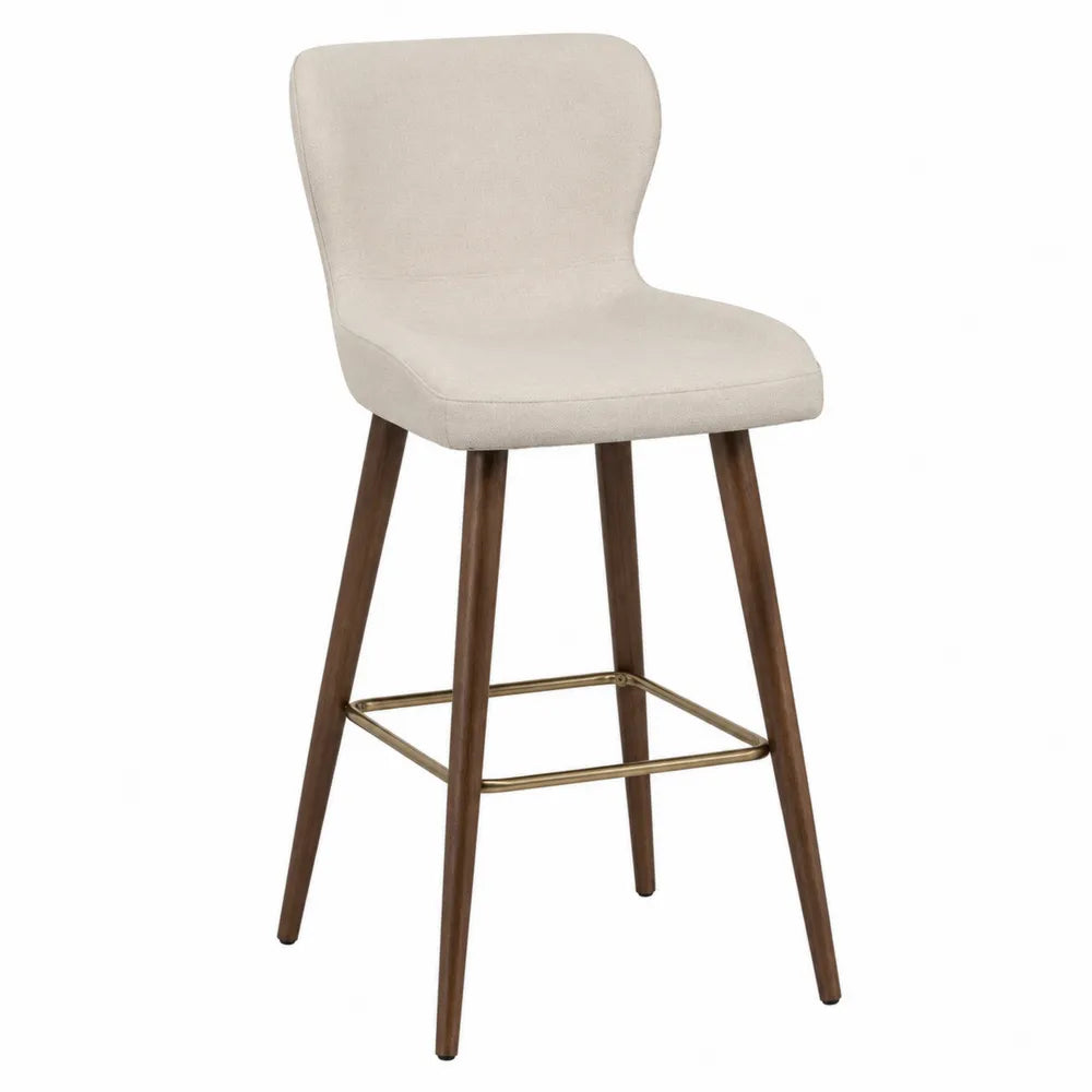 Taburete beige con patas de madera de haya y tapizado en poliéster