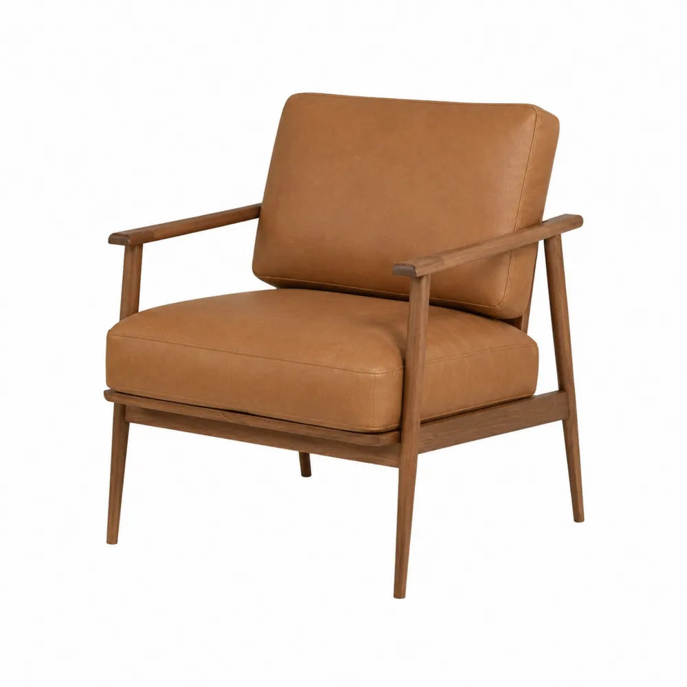 Silla de cuero sintético marrón con estructura de madera