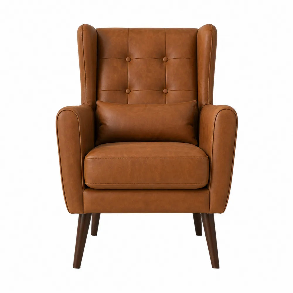Sillón de ala tapizado en cuero sintético marrón con patas de madera