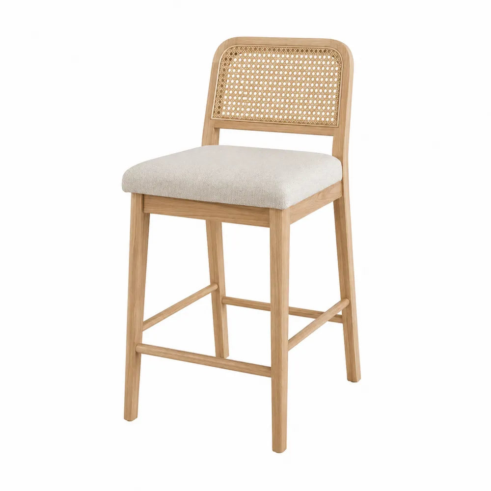 Taburete de madera con respaldo de ratán y asiento de tela beige