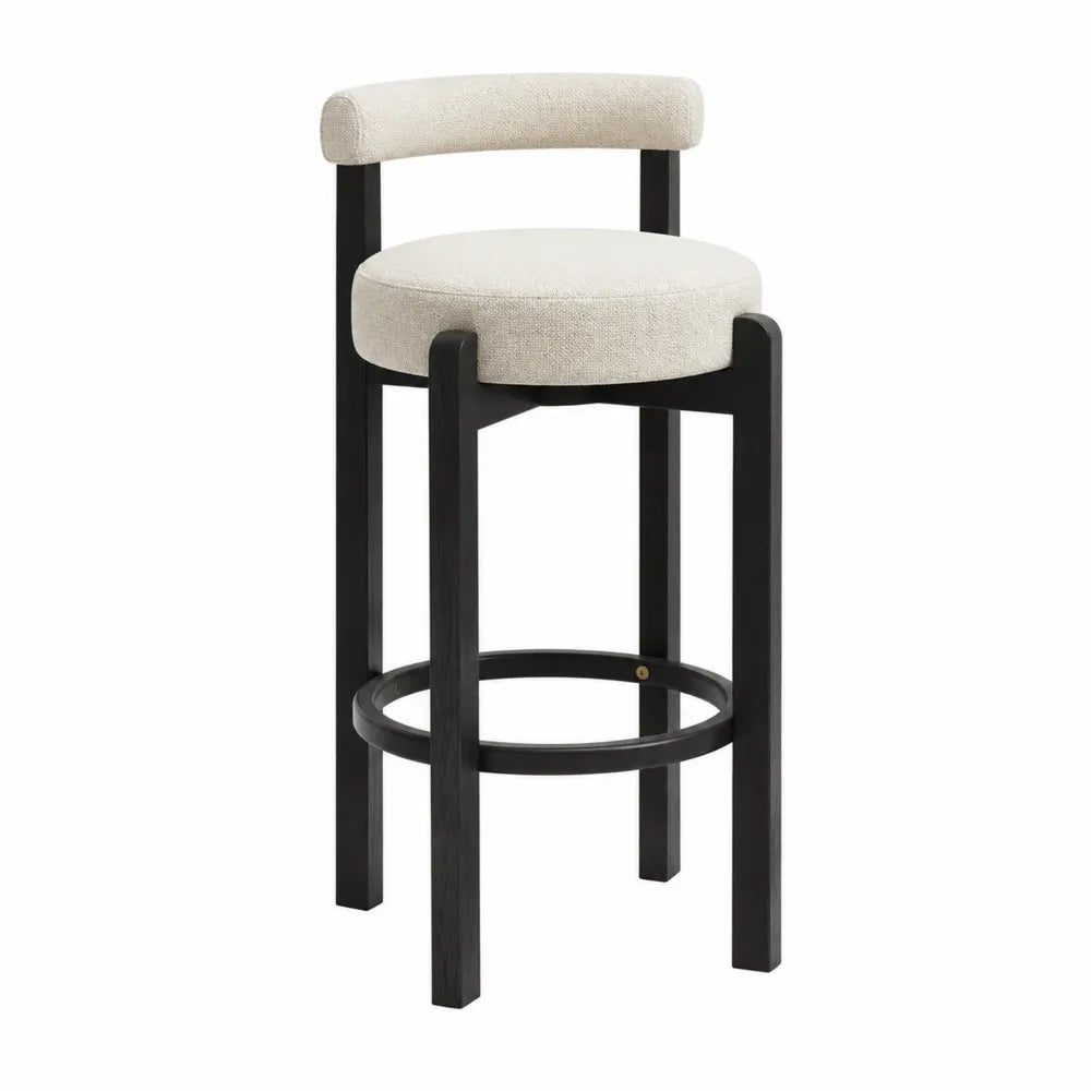 Taburete de Madera Negra con Asiento de Tela Crema