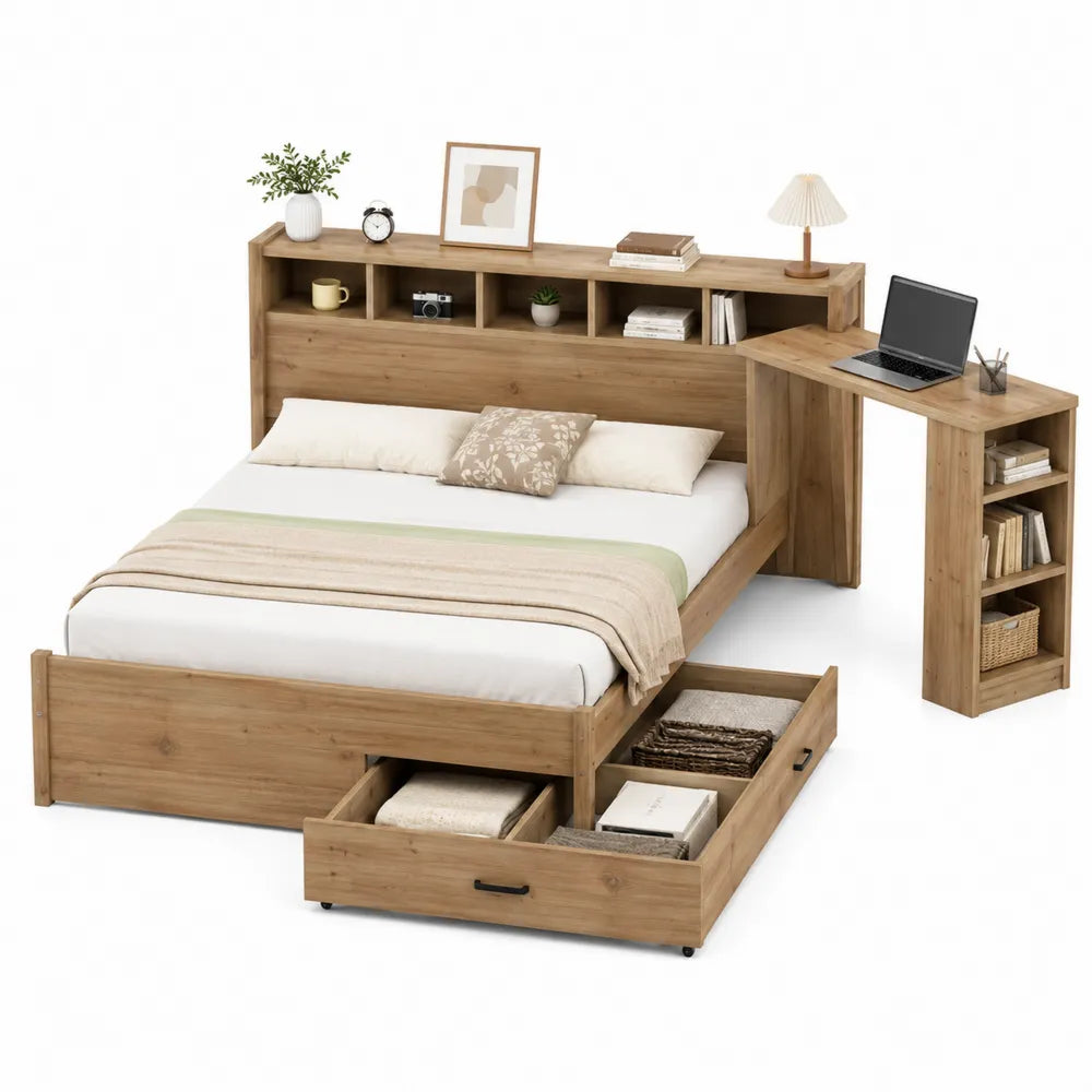 Cama de Madera con Cajones y Escritorio Integrado, 210cm x 150cm, Color Roble