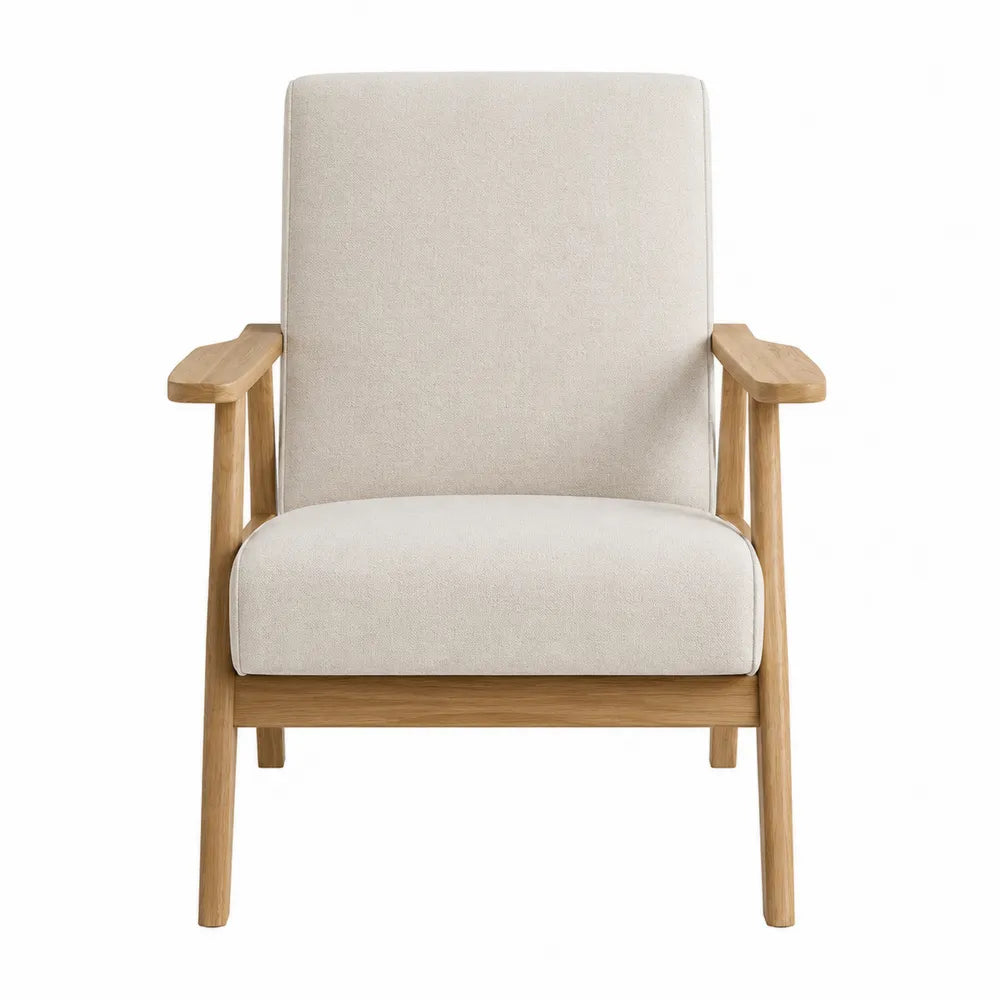 Sillón de madera de roble con tapizado de lino beige