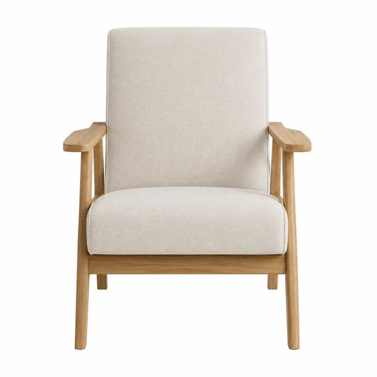 Sillón de madera de roble con tapizado de lino beige