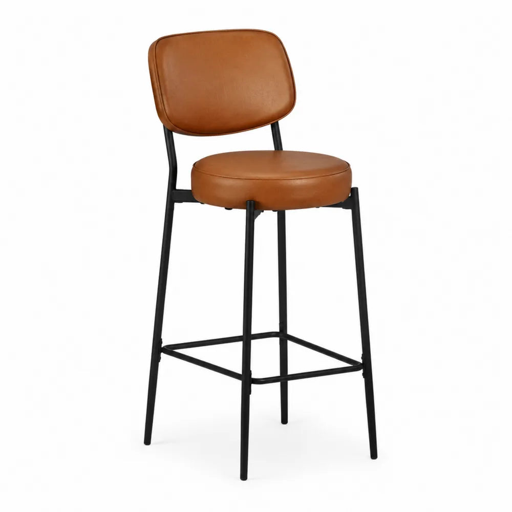 Taburete de bar de cuero sintético marrón con patas metálicas negras
