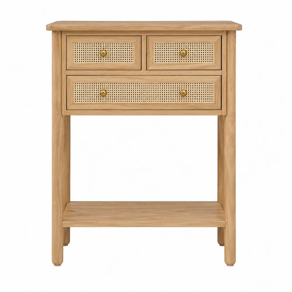 Mesa consola de madera y ratán con tres cajones