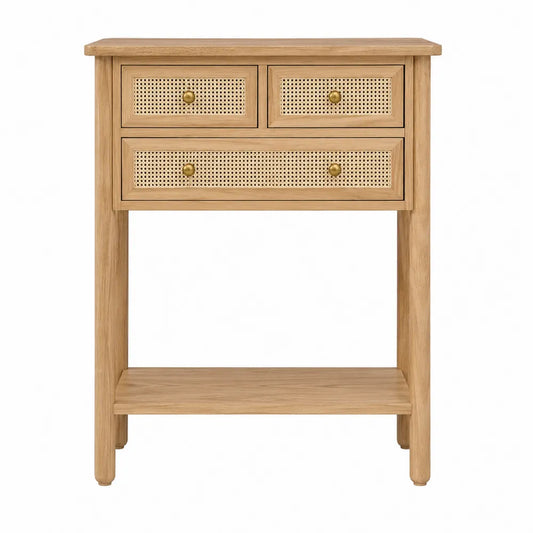 Mesa consola de madera y ratán con tres cajones