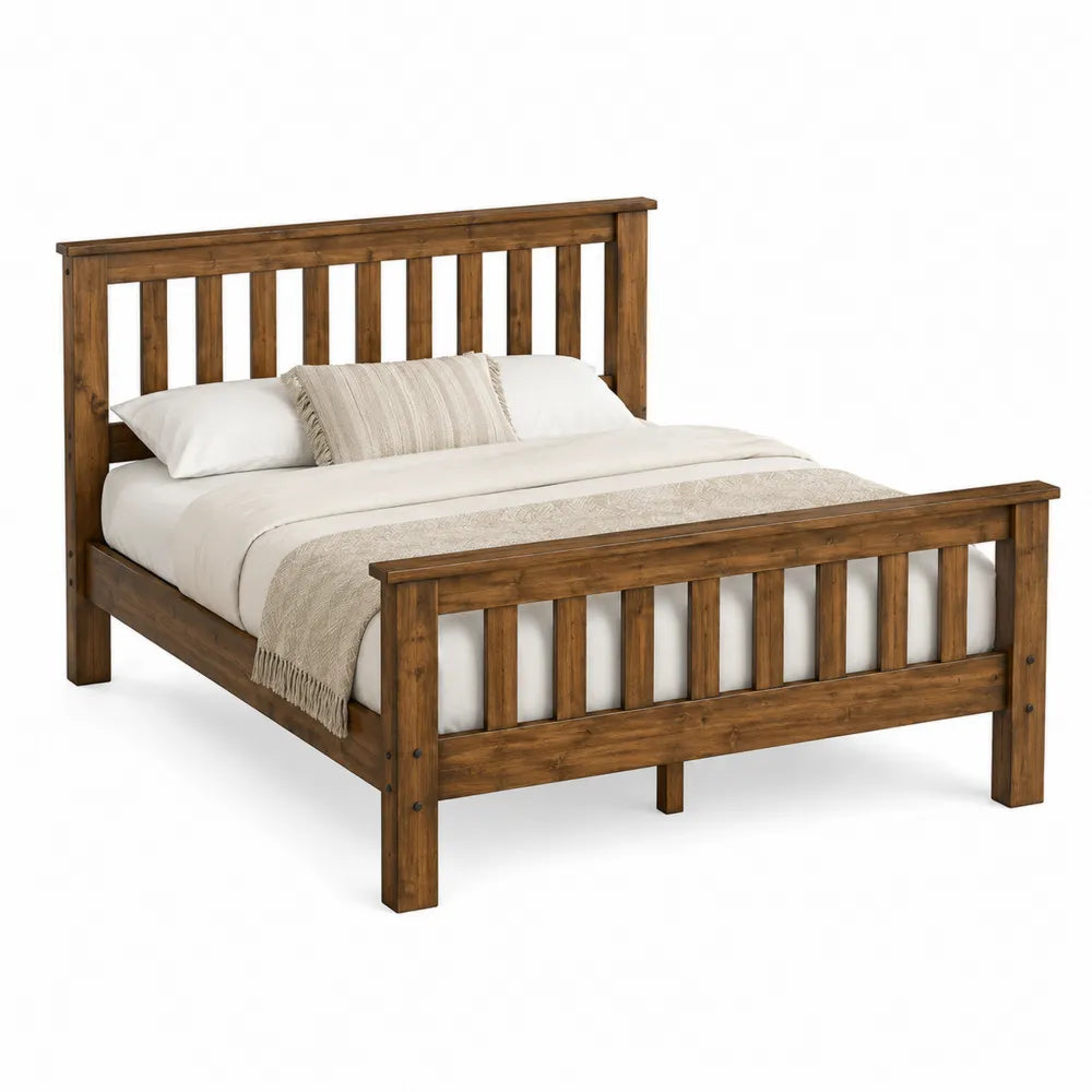Cama de madera de pino maciza marrón con almohada