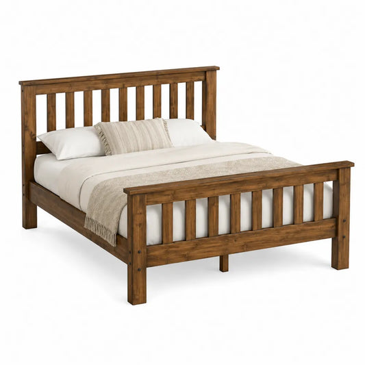Cama de madera de pino maciza marrón con almohada