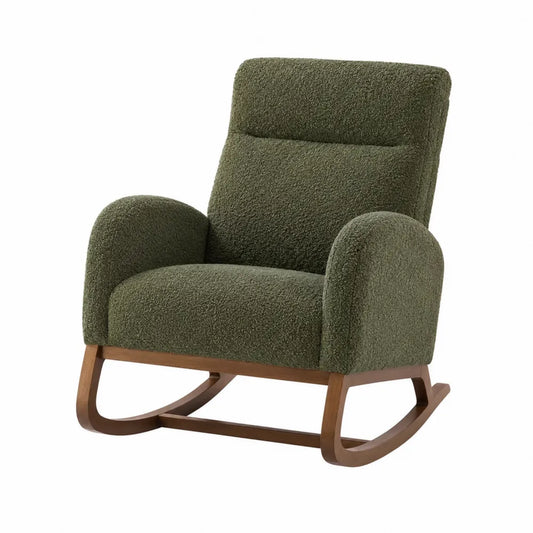 Silla mecedora de tela verde con estructura de madera