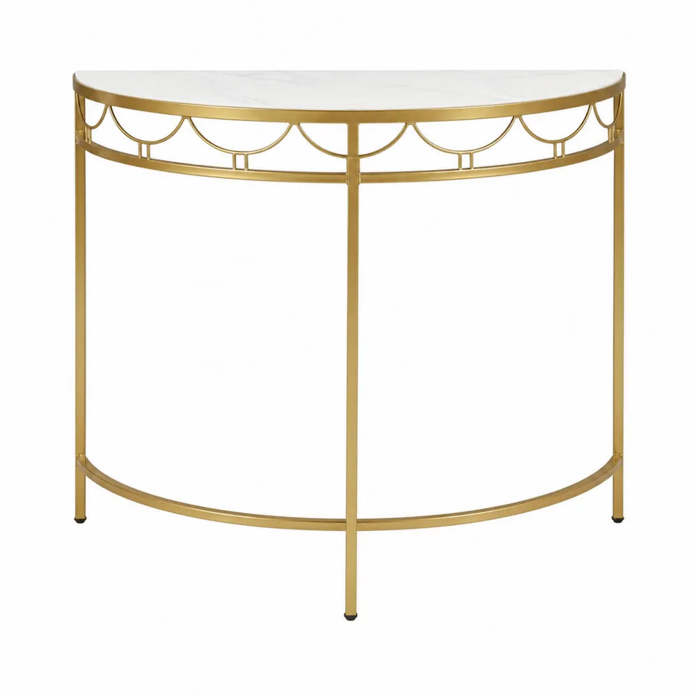 Mesa consola semicircular de mármol y metal dorado