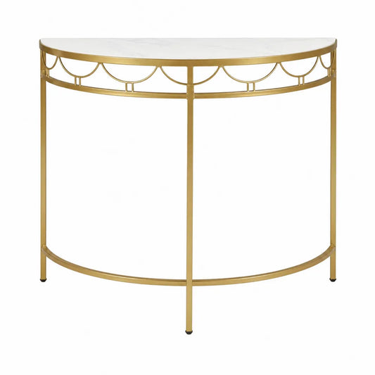 Mesa consola semicircular de mármol y metal dorado