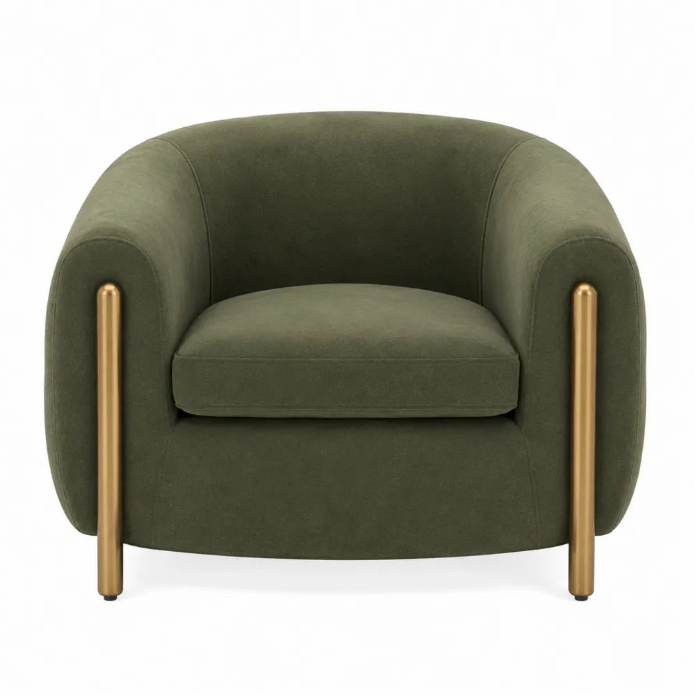 Sillón de tela verde oscuro con patas de metal dorado