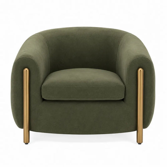 Sillón de tela verde oscuro con patas de metal dorado