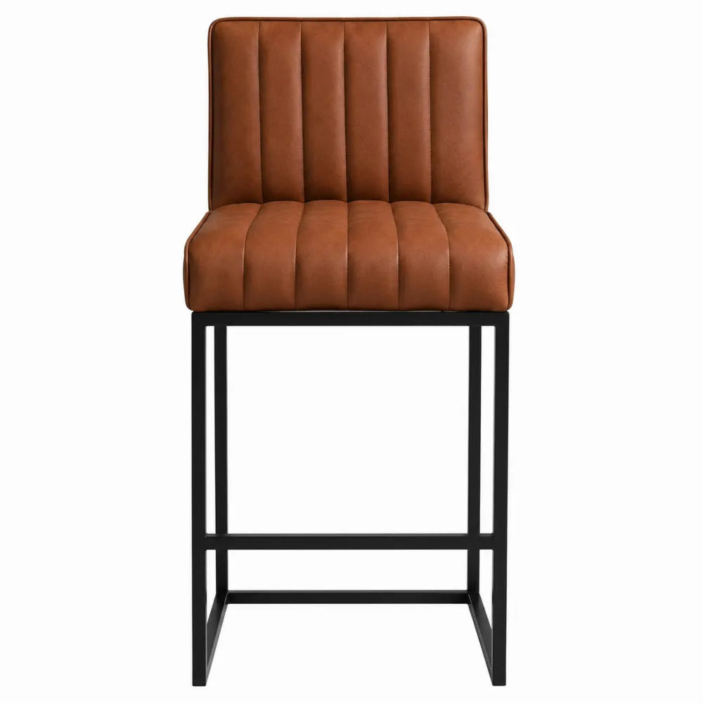 Taburete de metal con asiento de cuero sintético marrón