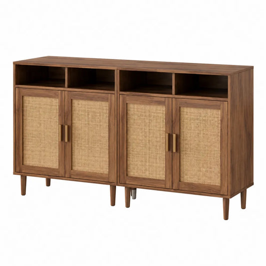 Aparador de Madera de Nogal y Ratán con 4 Puertas