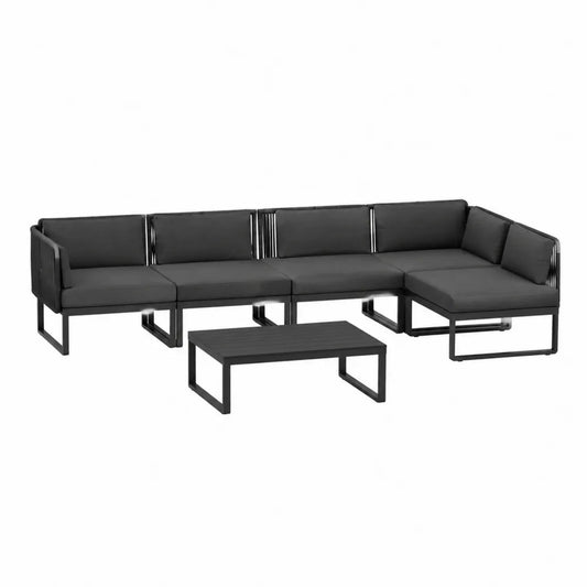 Sofá rinconero modular de aluminio negro con cojines de poliéster 5 plazas y mesa de centro